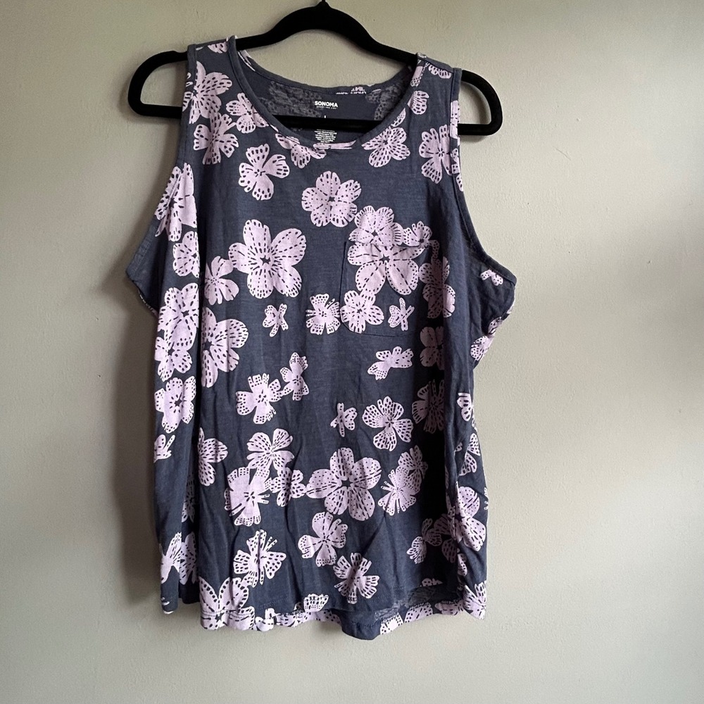 Sonoma Goods For Life Womens Large Blue  Floral Cotton Sleeveless Tank Top